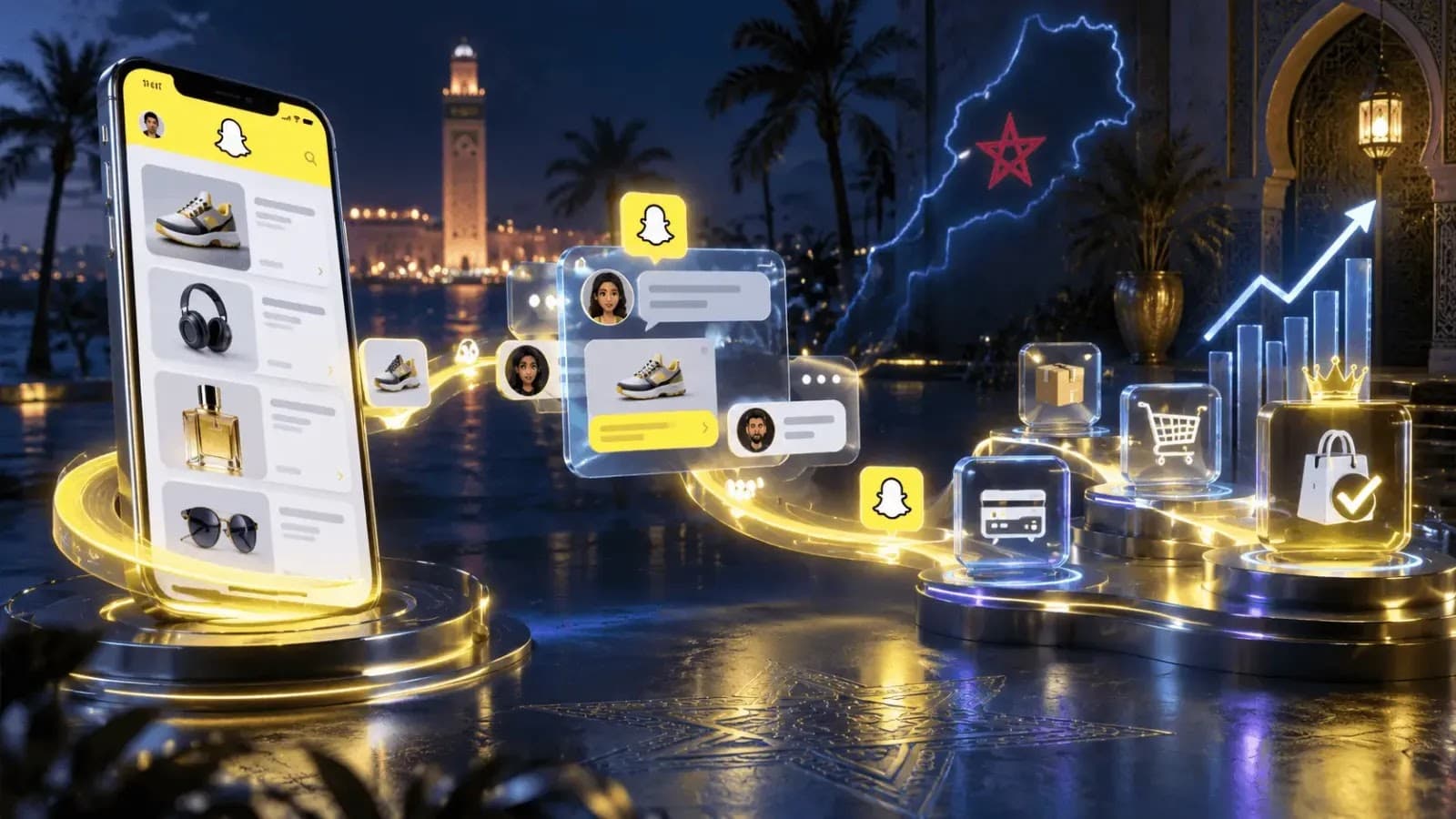 Catalogue produit et parcours de conversion d’une campagne Snapchat Ads au Maroc, avec annonces dans Chat et optimisation de la valeur